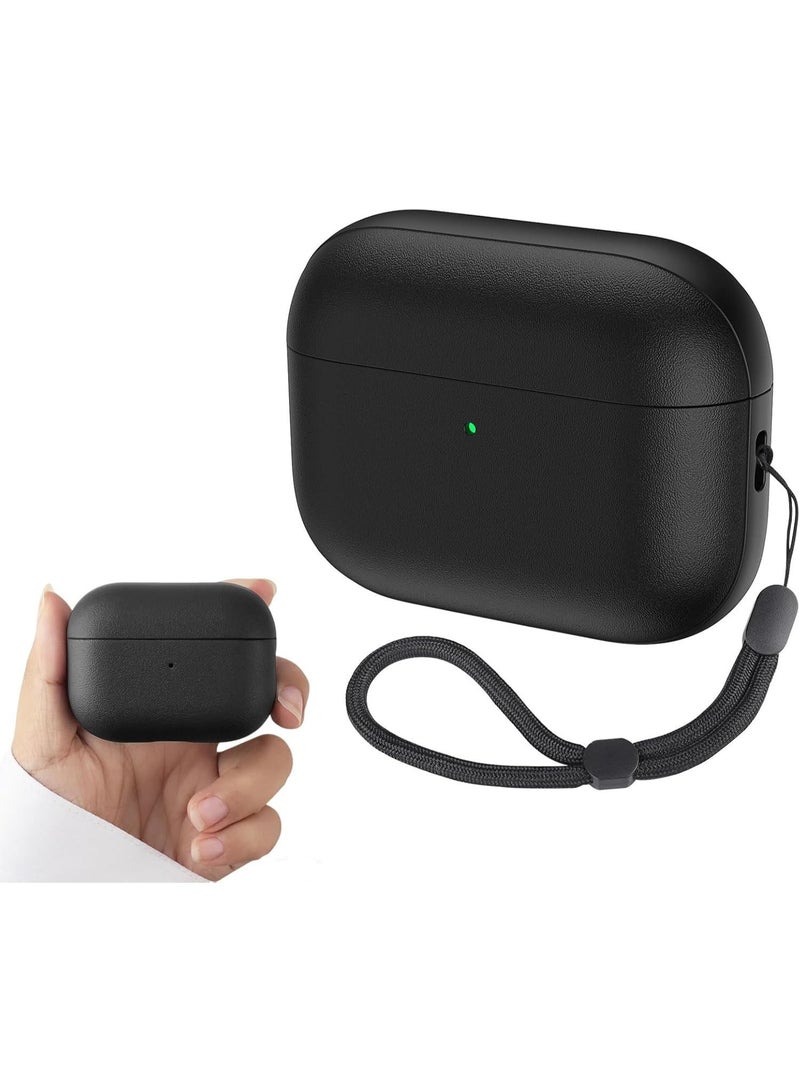 جراب AirPods Pro 3: جراب AirPods Pro من الجيل الثالث مصنوع من جلد البولي يوريثان الناعم مع حبل تعليق - غطاء TPU واقٍ مقاوم للصدمات لسماعات Apple AirPods Pro 3 (أسود) - Image 1